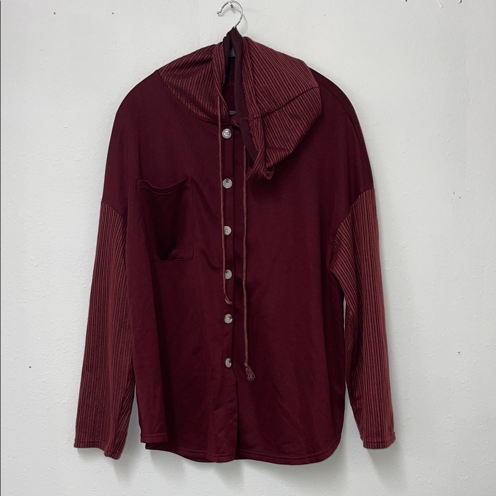 Burgundy Button-Up Hoodie with Striped Sleeves